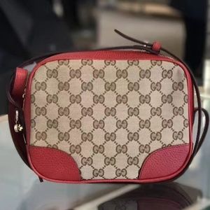 Beige Red Canvas Leather GG Cross body Purse